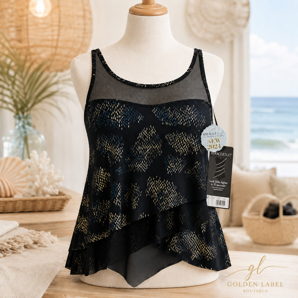 Miraclesuit Black Swim Tankini Top with Gold and Blue Dot Print